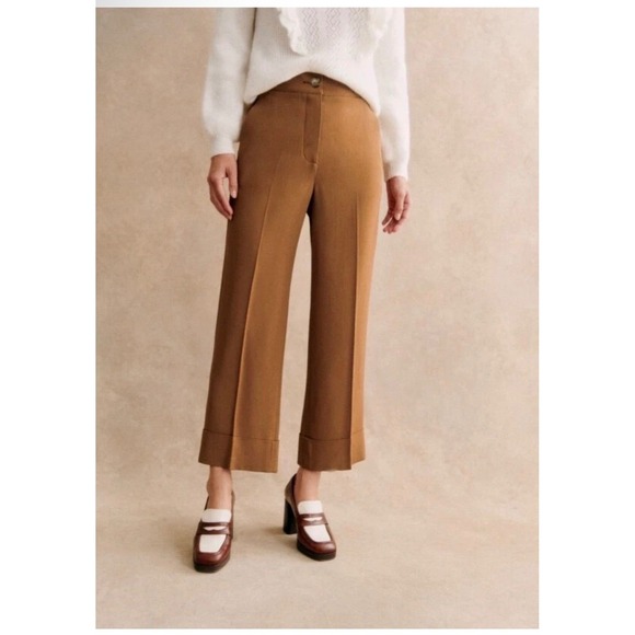 Sézane Pants - Sezane Damon Camel‎ Brown Wide Leg Ankle Trousers Pants Size 44 S232PAN030M